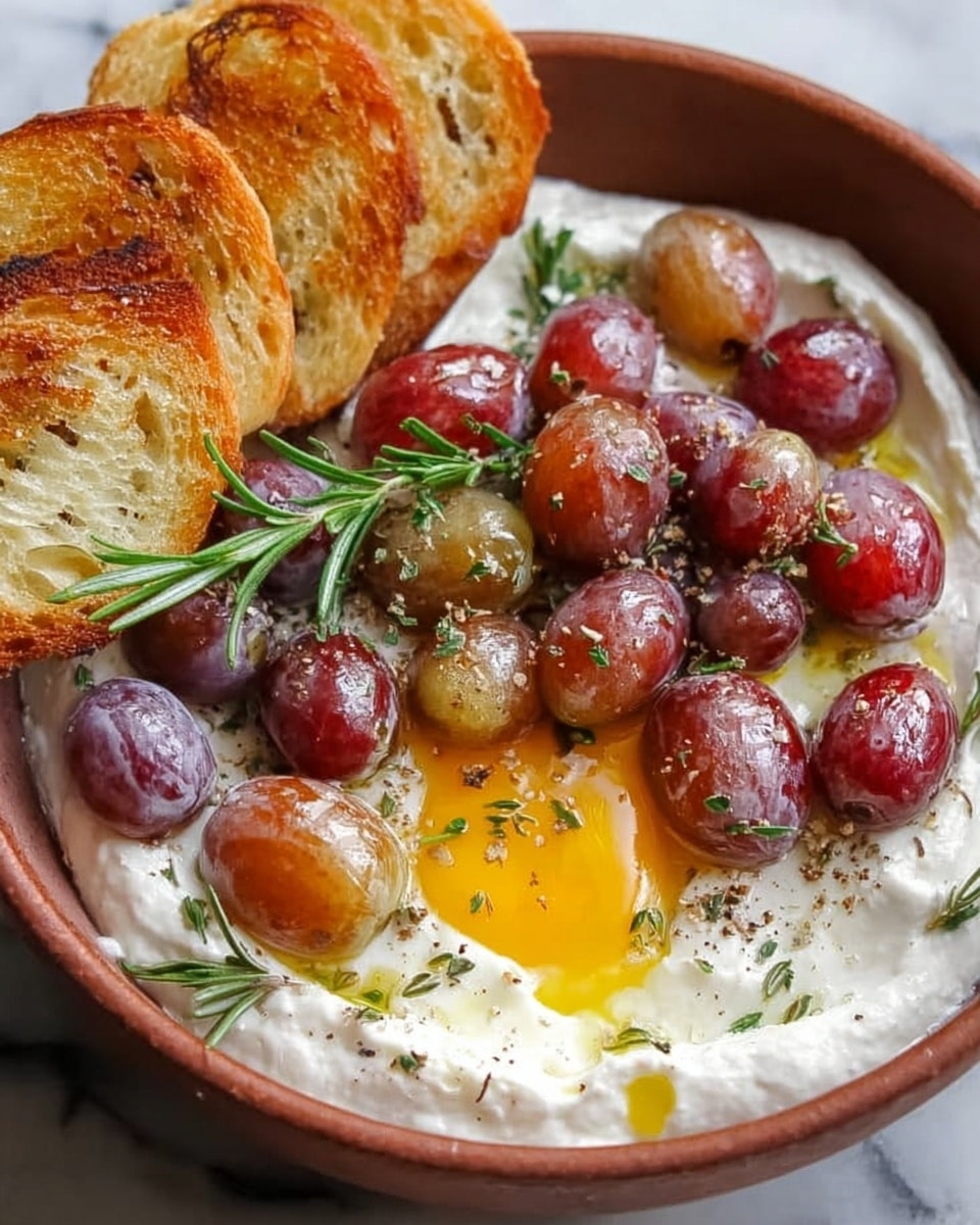 The image shows a deep white bowl filled with a creamy white base layer that looks soft and thick, topped with roasted grape clusters in shades of red and purple, scattered on the right side. On the left side of the bowl, there is a runny fried egg with a bright yellow yolk spilling slightly onto the cream. A few slices of golden toasted bread rest on the edge of the bowl at the top left. Small green rosemary sprigs and sprinkled herbs add a fresh touch on top and around the grapes and egg. The bowl is set on a white marbled surface. Photo taken with an iphone --ar 4:5 --v 7