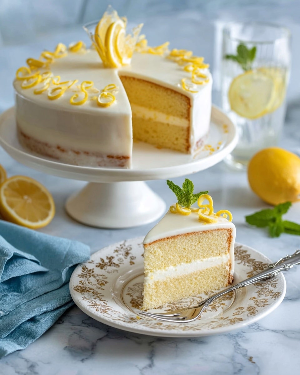 The image shows a lemon cake with two layers of light yellow sponge cake separated by a thin layer of white cream and a thin layer of lemon filling. The cake slice on a white patterned plate is topped with white icing and thin yellow lemon zest strips, along with a small slice of lemon standing upright. The whole cake sits on a white cake stand behind the slice, decorated with white icing, lemon zest, and thin lemon peel loops radiating from the center. The scene includes a halved lemon, a mint leaf, a blue napkin, and a glass of lemon water on a white marbled surface. A silver fork rests on the plate beside the cake slice. photo taken with an iphone --ar 4:5 --v 7