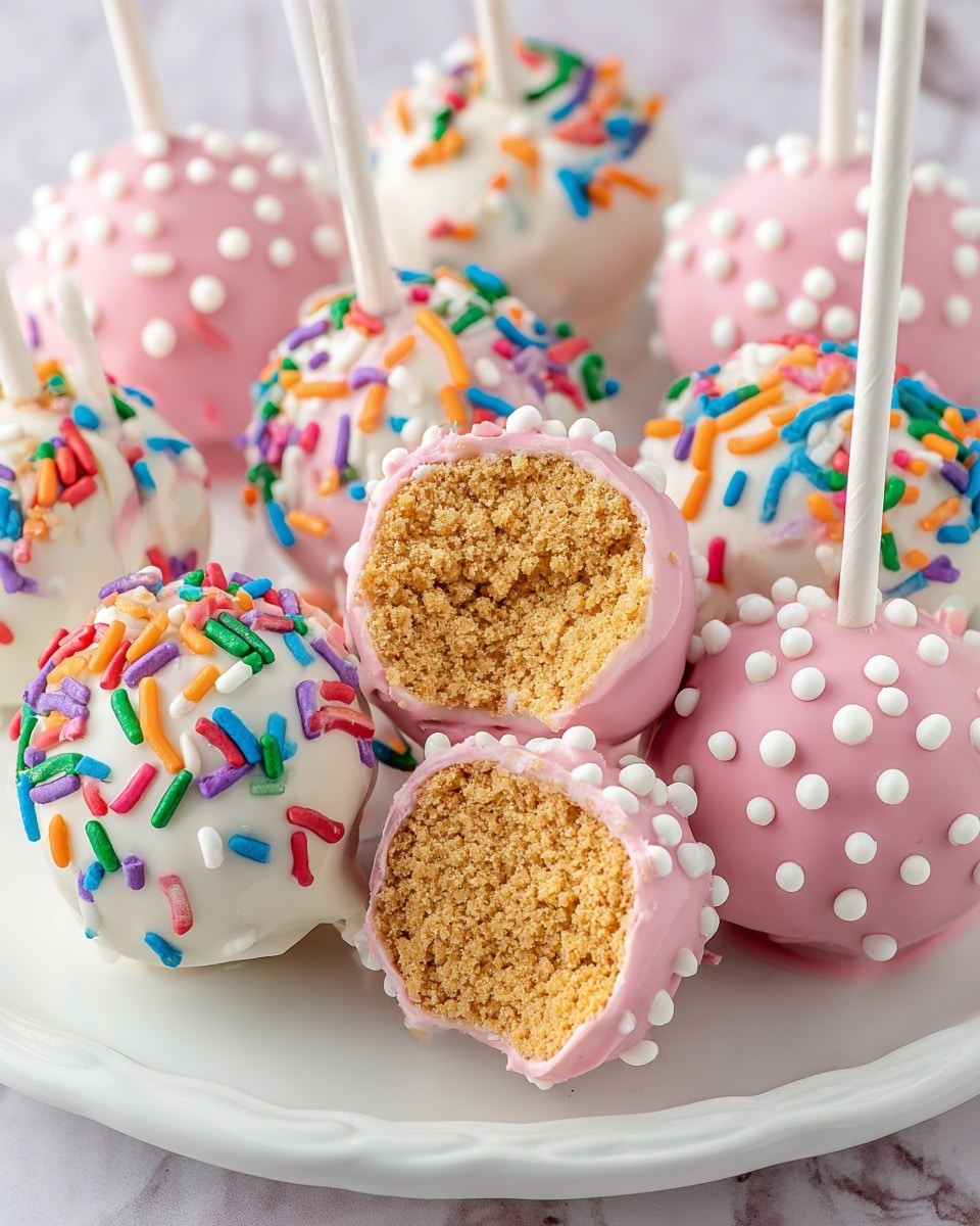 The image shows a group of cake pops arranged on a white plate with a white marbled texture underneath. There are two types of cake pops: one set is coated in smooth pink icing decorated with small white round sprinkles, while the other set is covered in white icing with colorful elongated sprinkles in red, green, blue, purple, orange, and yellow. One cake pop with white icing and colorful sprinkles is opened to show its crumbly, light brown cake inside. Each cake pop is attached to a white stick, and the overall look is bright and fun with a soft, smooth texture on the icing layers contrasting the rough cake inside. photo taken with an iphone --ar 4:5 --v 7