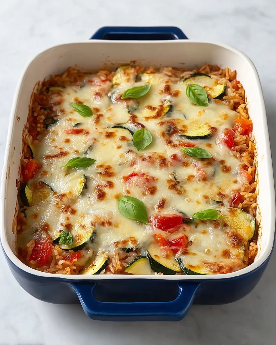 A white baking dish with blue handles holds a baked casserole with three visible layers. The bottom layer is made of cooked rice mixed with pieces of red tomatoes and green zucchini slices, showing a mix of red, white, and green colors with a soft texture. The top layer is a melted cheese layer, creamy white with light golden brown spots where it has baked, adding a slightly bubbly texture. Small green basil leaves are scattered on top, adding a fresh touch of green color. The dish sits on a white marbled surface. photo taken with an iphone --ar 4:5 --v 7