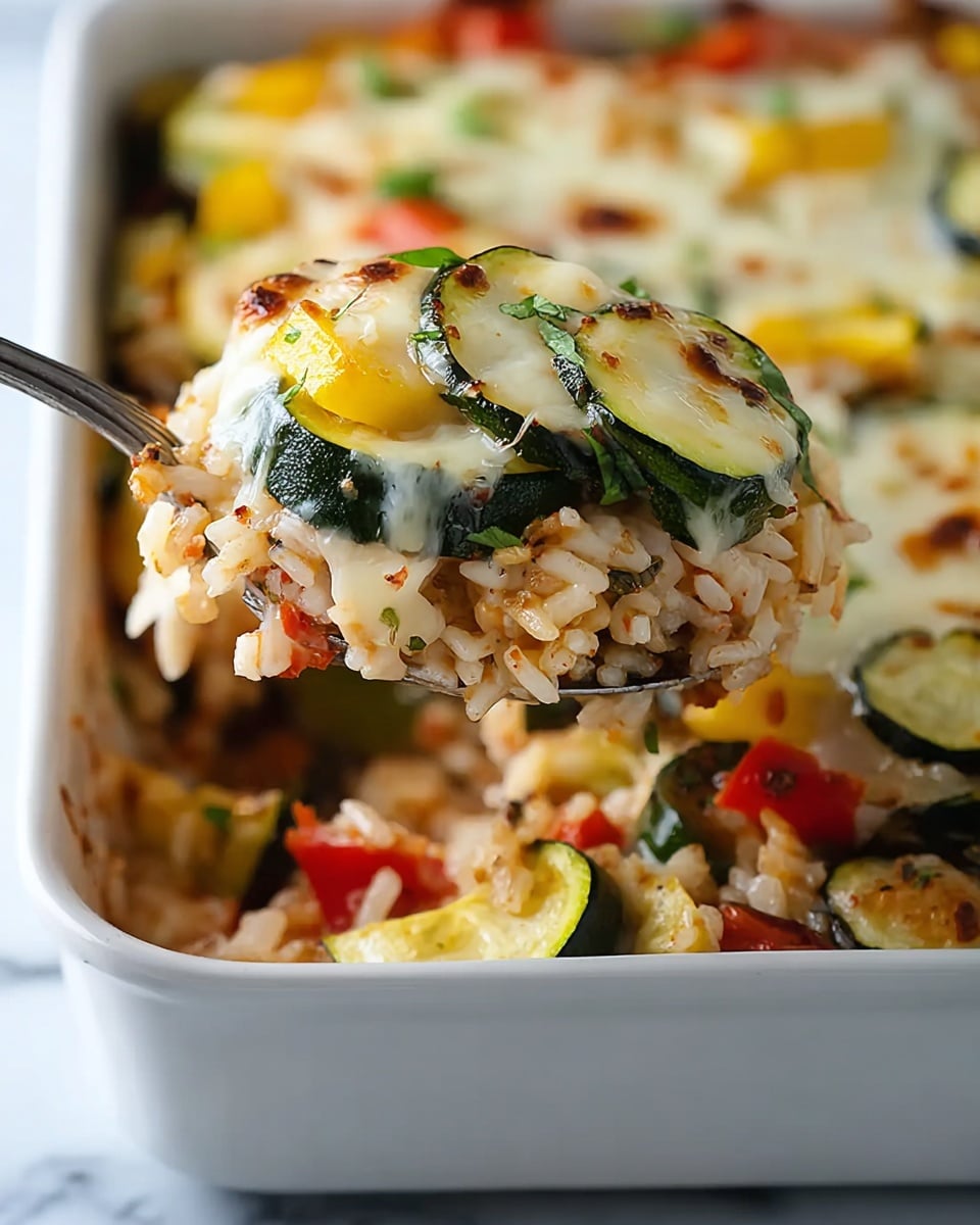 A close-up of a baked dish in a white baking dish filled with a mix of cooked rice and colorful vegetables including green zucchini slices, yellow squash slices, and small pieces of red bell pepper, topped with a layer of melted cheese that is creamy white with golden spots from baking; the spoon lifting a portion shows the layers clearly, with the vegetables and rice visible under the soft, slightly browned cheese layer; the dish is set on a white marbled texture surface, photo taken with an iphone --ar 4:5 --v 7