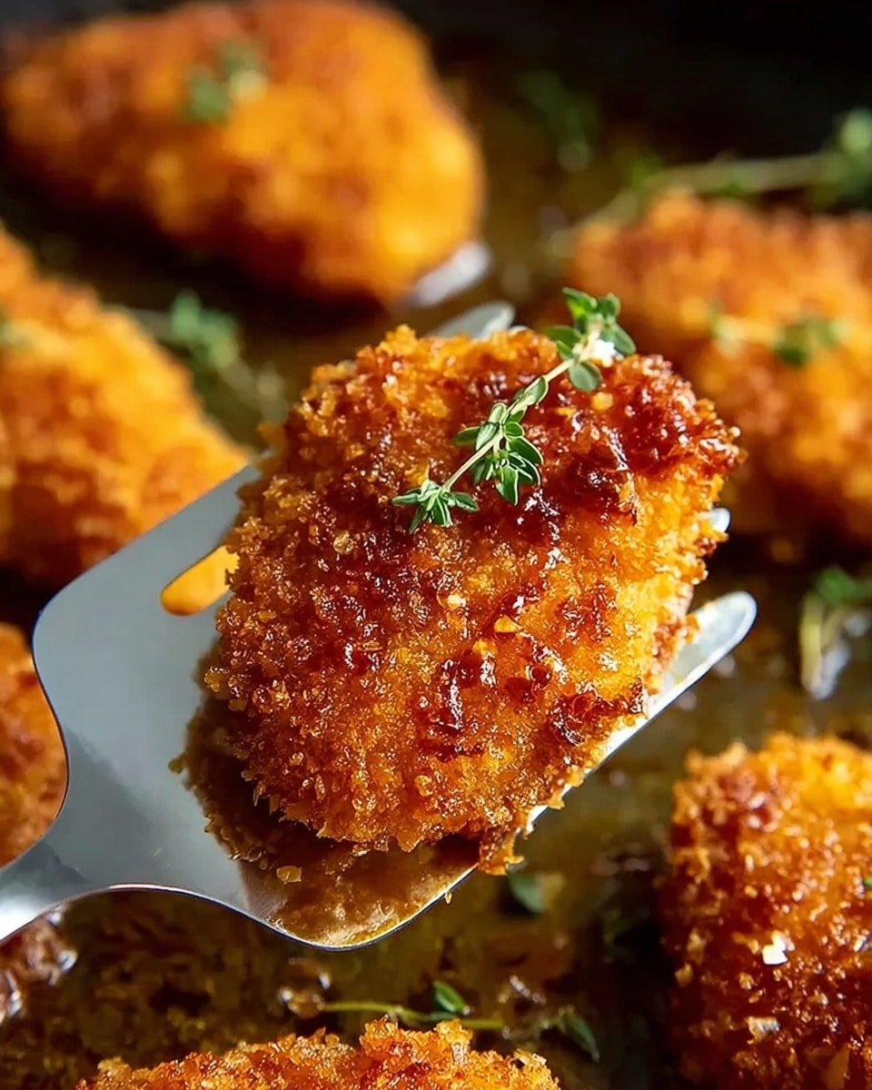 A close-up image of a crispy, golden-brown breaded chicken nugget held by a stainless steel spatula, with a shiny, textured, crunchy outer layer glistening slightly with oil. A small sprig of green thyme lies on top of the nugget, adding a touch of freshness. The background shows more similar nuggets resting on a cooked surface with a golden-brown crust. The whole scene is detailed and vivid, with a focus on the crunchy texture and warm colors. photo taken with an iphone --ar 4:5 --v 7