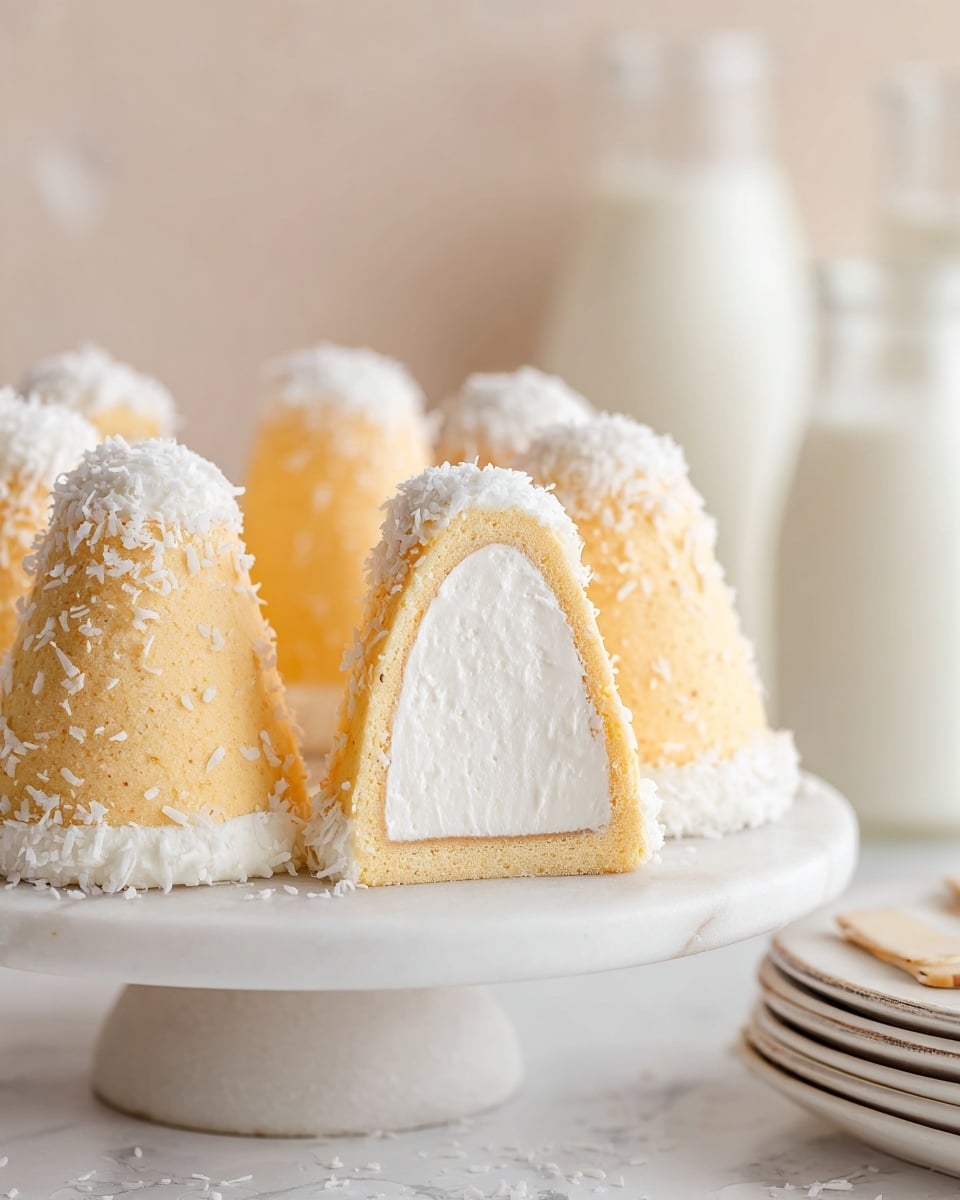 The image shows several small, cone-shaped desserts arranged on a white marble cake stand. Each dessert has a smooth, pale yellow outer layer which is covered with white shredded coconut. One dessert is cut in half, revealing three layers: a thin pale yellow chocolate shell on the outside, a thick middle layer of light, fluffy white cream, and a thin, pale yellow base layer that looks soft and slightly crumbly. The background includes a blurred bottle of milk and some plates on a white marbled surface. Photo taken with an iphone --ar 4:5 --v 7