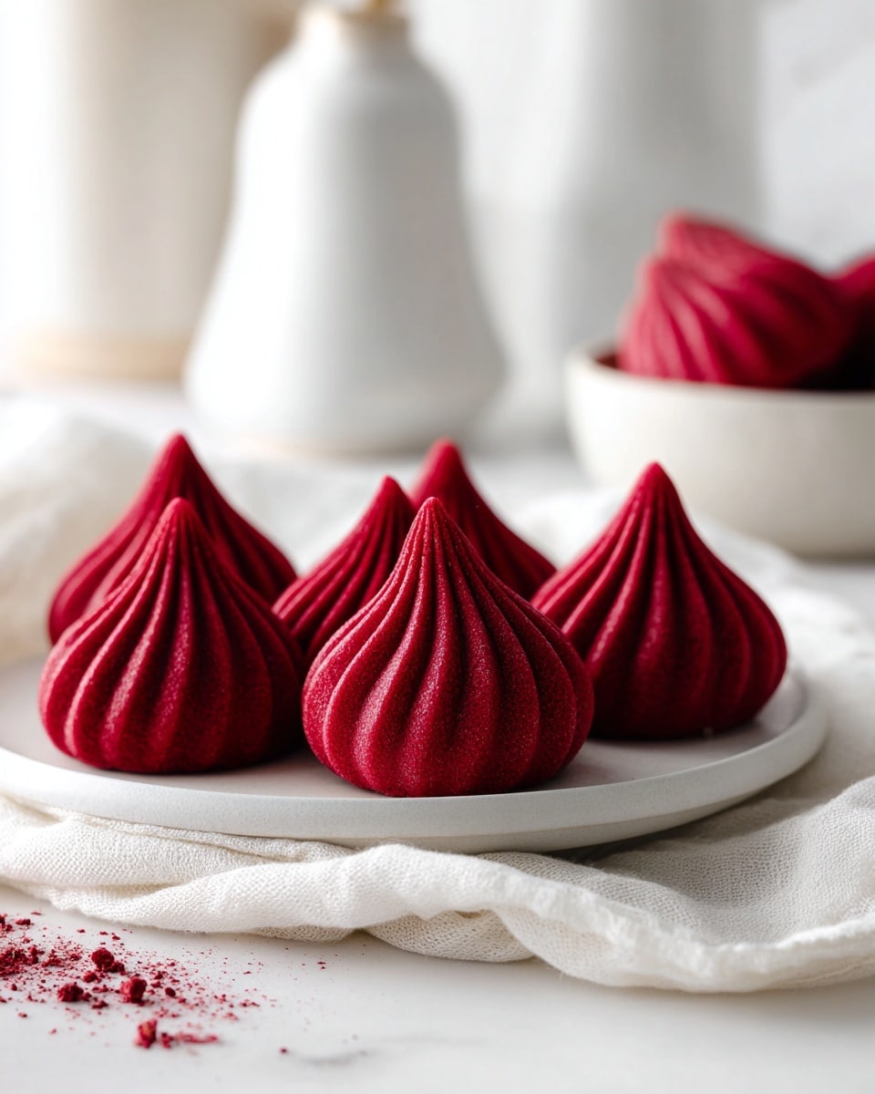 Seven bright red, swirl-shaped sweets stand closely together on a round white plate. Each sweet has a smooth texture with fine vertical lines running from the base to the pointed top. The plate rests on a soft white cloth, all placed on a white marbled surface. A few red crumbs are scattered casually around the plate and on the surface. In the background, a white bowl filled with more red sweets and blurred white vases add depth to the soft, clean setting. photo taken with an iphone --ar 4:5 --v 7