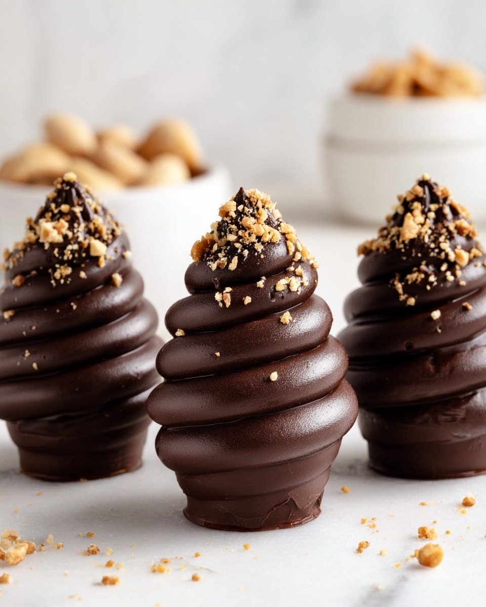 Three chocolate treats shaped like soft-serve swirls stand close together on a white marbled surface. Each treat has four thick, smooth layers of dark, glossy chocolate stacked in a cone shape, with small crunchy nut pieces sprinkled over the tops and sides, adding texture and light brown highlights against the dark chocolate. In the background, blurry white bowls hold more nuts, keeping the focus on the detailed chocolate swirls in front. photo taken with an iphone --ar 4:5 --v 7