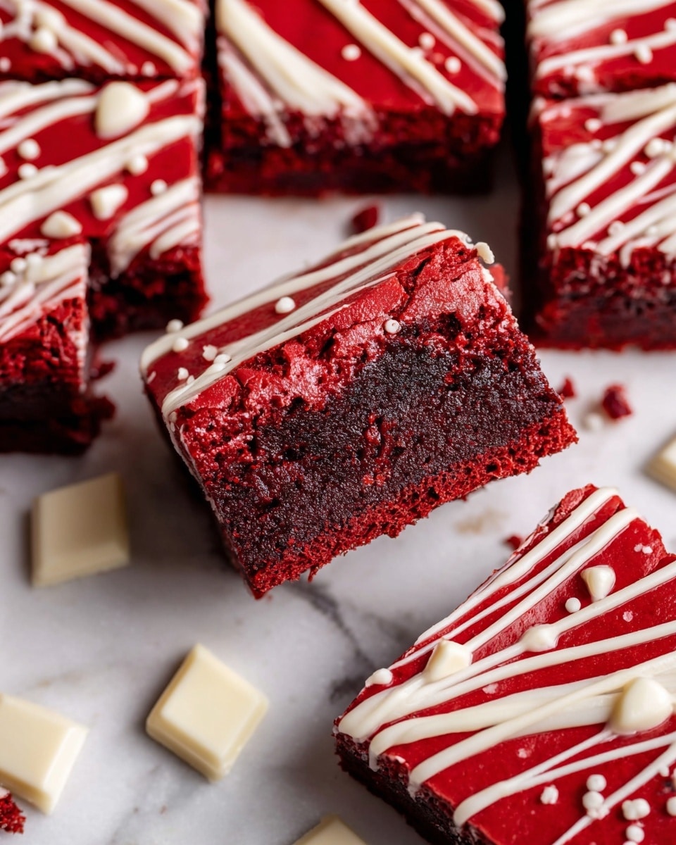 The image shows a close-up of red velvet brownies cut into squares on a white marbled surface, with one square lifted up to reveal a thick, moist, and dense dark red-brown interior layer. The top layer is a smooth, shiny red frosting with a few cracks, decorated with diagonal white icing drizzles in thin and thick lines. White chocolate pieces are scattered around the brownies on the surface. Photo taken with an iphone --ar 4:5 --v 7