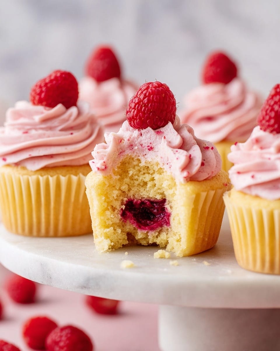 A group of yellow cupcakes with light textures sit on a white marble cake stand, each topped with a swirl of pink frosting that has small specks inside and a fresh red raspberry on top. One cupcake is bitten, showing a moist yellow cake inside and a thick dark red raspberry filling in the center. The background and surface have a soft, white marbled texture with blurred red raspberries scattered around. photo taken with an iphone --ar 4:5 --v 7
