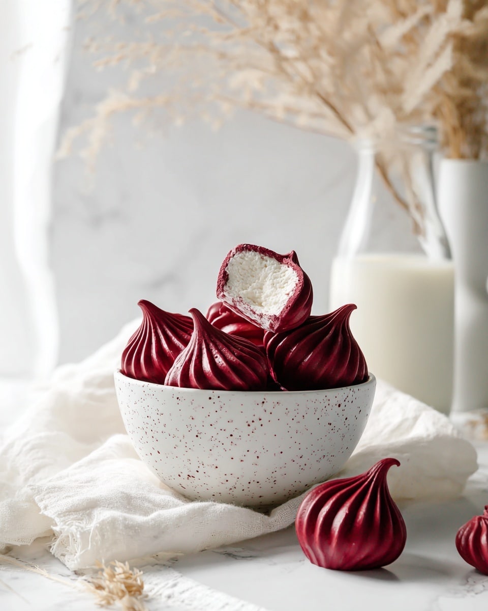 The image shows a white speckled bowl stacked inside another larger white speckled bowl, filled with red meringue kisses that have a swirled texture and a glossy finish. One meringue is cut in half and placed on top, revealing three layers: a thin dark red shell on the outside, a fluffy white inner filling with airy texture, and a light beige base layer. In front of the bowls, a few meringues rest on a soft, crumpled white cloth on a white marbled surface. To the right, a blurred glass bottle filled with milk is visible, and on the left background, there is soft focus dry beige pampas grass. The lighting is bright and natural, creating soft shadows and highlights. photo taken with an iphone --ar 4:5 --v 7