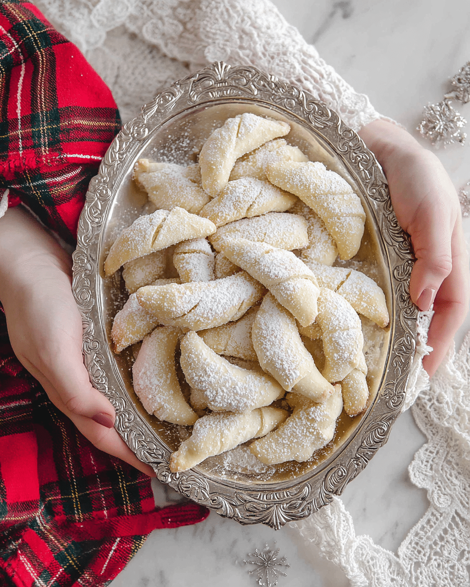 A silver ornate oval tray filled with two layers of crescent-shaped pastries covered in a light dusting of white powdered sugar; the pastries are pale golden with a slightly flaky texture and are closely stacked on top of each other. The tray is held by two woman's hands at the sides, and there is a red plaid cloth folded nearby on a white marbled surface with a lace doily partially visible underneath. Photo taken with an iphone --ar 4:5 --v 7