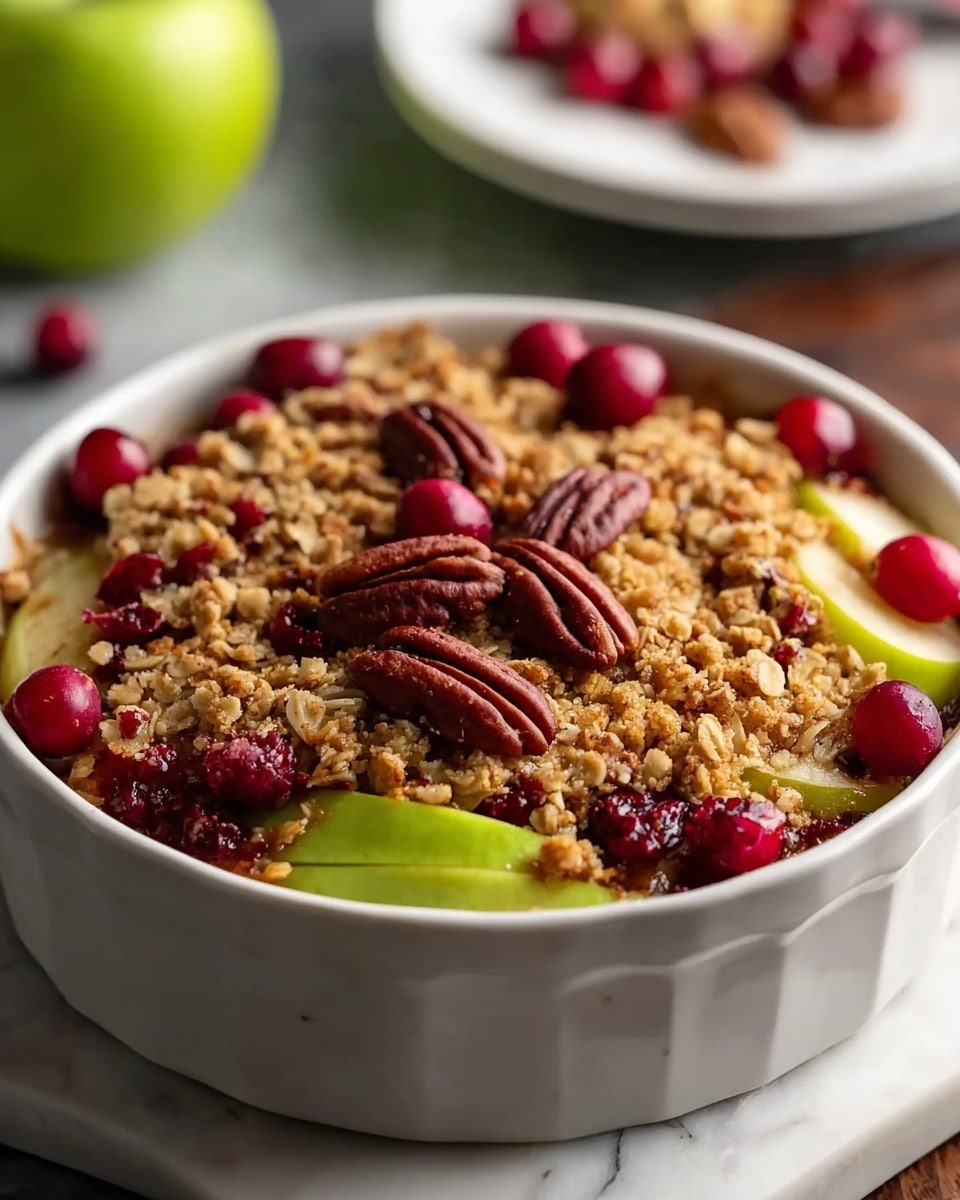 A round white bowl holds a layered apple and cranberry crumble dessert. The bottom layer shows sliced green apple pieces with a smooth, juicy texture. Above the apples is a golden oat crumble layer, thick and crumbly, covering the whole top. Scattered on top are shiny red cranberries and dark brown pecan halves, adding bright color and texture contrast. The bowl sits on a white marbled surface, with a blurred white plate and green apple in the background. photo taken with an iphone --ar 4:5 --v 7
