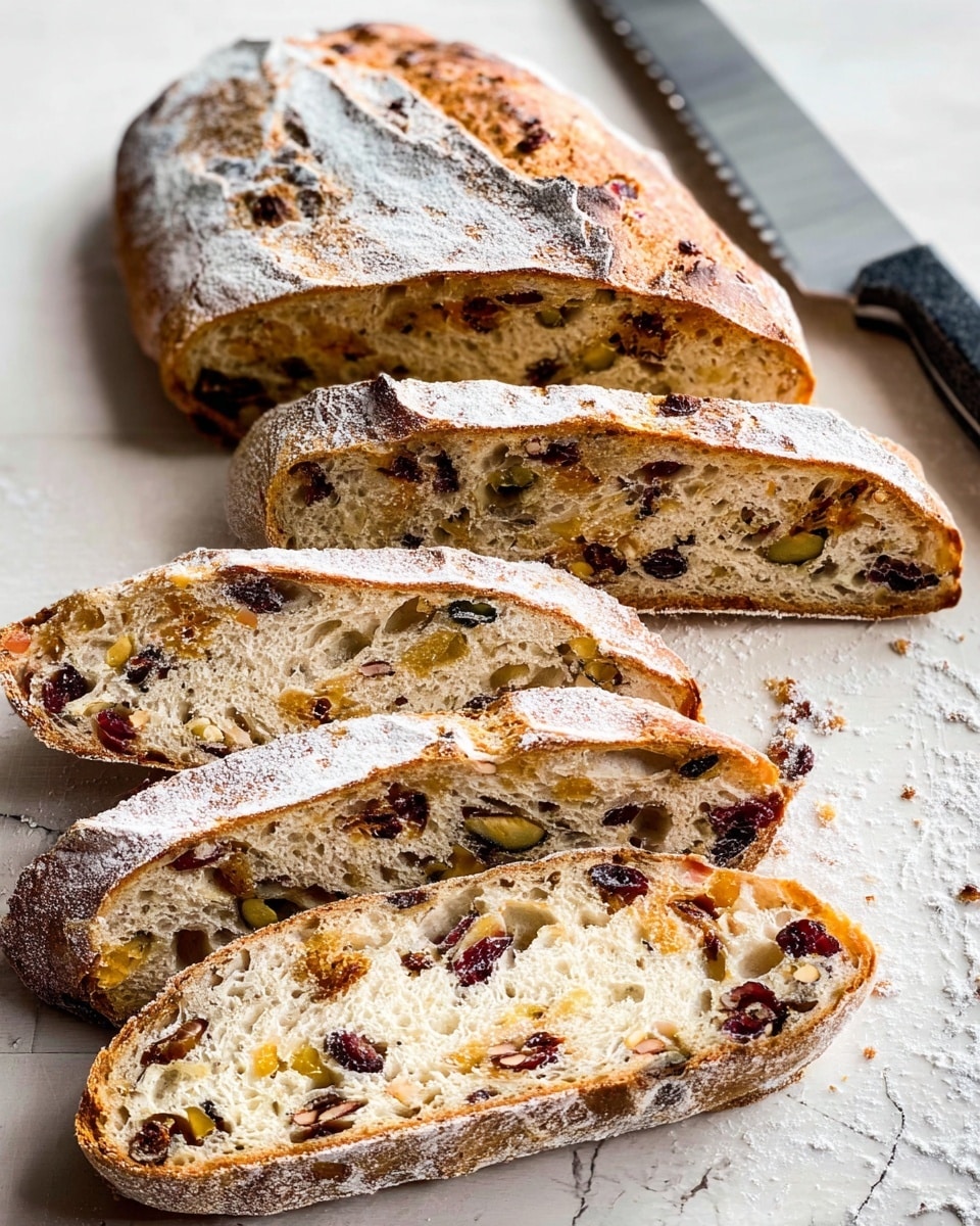 The image shows a loaf of rustic bread sliced into five pieces, arranged in a slightly fanned stack on a white marbled surface. The bread has a golden-brown crust dusted with white flour, and its inside reveals a soft, airy texture filled with dark red cranberries, light brown nuts, and small yellowish chunks, likely dried fruit. Behind the bread, there is a large serrated knife with a black handle lying flat on the surface. The loaf and slices rest close together, emphasizing the different textures and colors inside the bread. photo taken with an iphone --ar 4:5 --v 7
