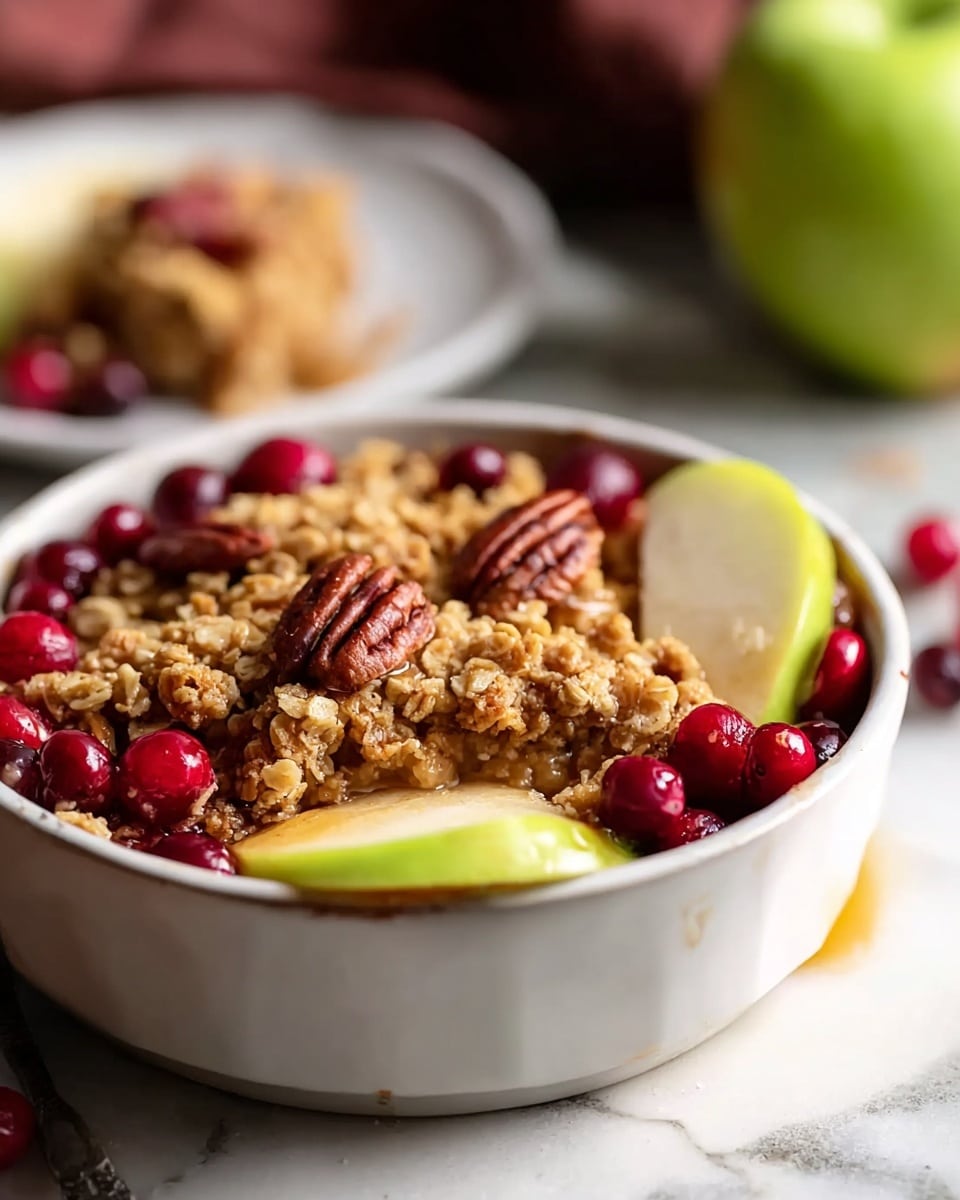 A close-up of a white bowl filled with a fruit crumble dessert, showing three layers: at the bottom, a slice of green apple with a small drop of syrup; in the middle, whole red cranberries scattered around; and on top, a thick layer of golden brown oat crumble mixed with several whole pecans spaced evenly. The bowl sits on a white marbled surface with soft natural light highlighting the textures and colors, a partially visible white plate in the background with a piece of the dessert, and a blurred green apple farther behind. Photo taken with an iphone --ar 4:5 --v 7