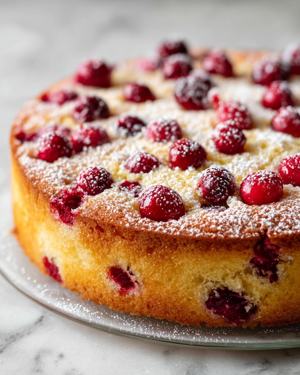 A single-layer round cake with a golden-brown crust and a soft, pale yellow inside, topped with scattered whole and halved bright red cranberries embedded slightly into the surface, and dusted lightly with white powdered sugar. The cake sits on a clear glass plate placed on a white marbled texture. The surface of the cake looks moist with a bumpy texture where the cranberries are, showing a nice contrast between the red fruit and the light cake. photo taken with an iphone --ar 4:5 --v 7