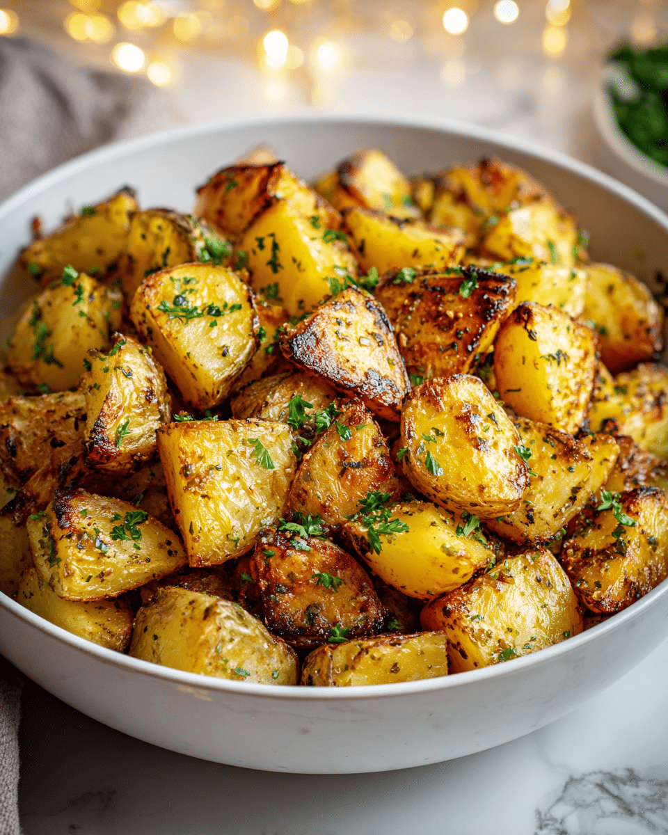 A white bowl filled with roasted potato pieces, each cut into chunky, uneven shapes with golden brown crispy skins and soft, yellow insides. The potatoes have a rough texture with visible grill marks and are sprinkled with small green parsley leaves scattered evenly on top. The bowl sits on a white marbled surface, and soft warm string lights in the blurred background add a cozy touch. photo taken with an iphone --ar 4:5 --v 7