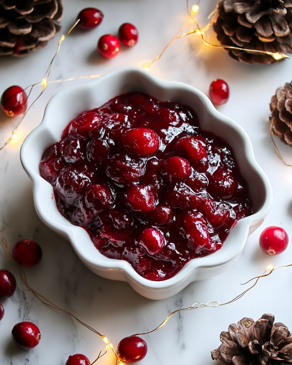 A white speckled ceramic dish filled with a thick layer of glossy, deep red cranberry sauce that includes whole, plump cranberries mixed with crushed ones, creating a rich, textured surface. The dish is placed on a white marbled surface, surrounded by whole fresh cranberries and small pine cones, with warm yellow fairy lights softly glowing around the scene, adding a cozy and festive feel. Photo taken with an iphone --ar 4:5 --v 7