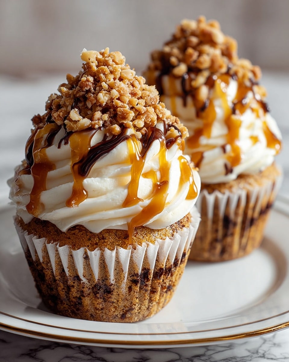 Two cupcakes sit on a white plate with a gold edge, placed on a white marbled surface. Each cupcake has a textured, light brown base with dark brown specks visible through the white paper liner. On top, there is a thick swirl of creamy white frosting, layered twice with a soft, smooth texture. Over the frosting, there are drizzles of caramel-colored syrup and dark chocolate syrup, creating a glossy contrast. The cupcakes are finished with a mound of finely chopped light brown nuts covering the top, adding a crunchy texture. The image is clear and close-up, emphasizing the rich details of the toppings. photo taken with an iphone --ar 4:5 --v 7