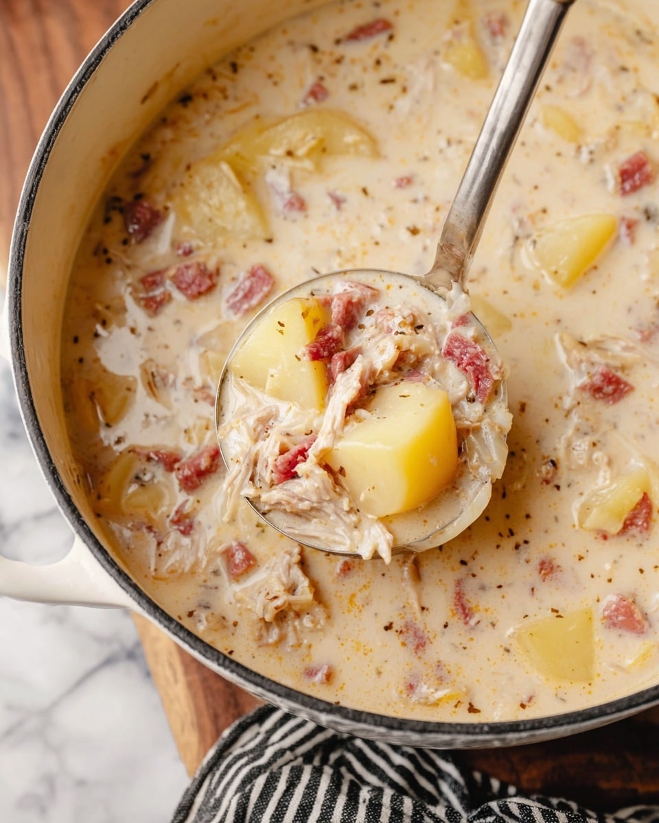 The image shows a close-up of a creamy soup in a pot, filled with visible chunks of light yellow potatoes, shredded reddish-brown meat, and finely chopped onions mixed in a thick, pale off-white cream base. A large silver ladle scoops up some of the soup, highlighting the layers of potatoes, meat, and creamy liquid. The pot is sitting on a wooden surface with a black and white striped cloth nearby, and the background is changed to a white marbled texture. photo taken with an iphone --ar 4:5 --v 7