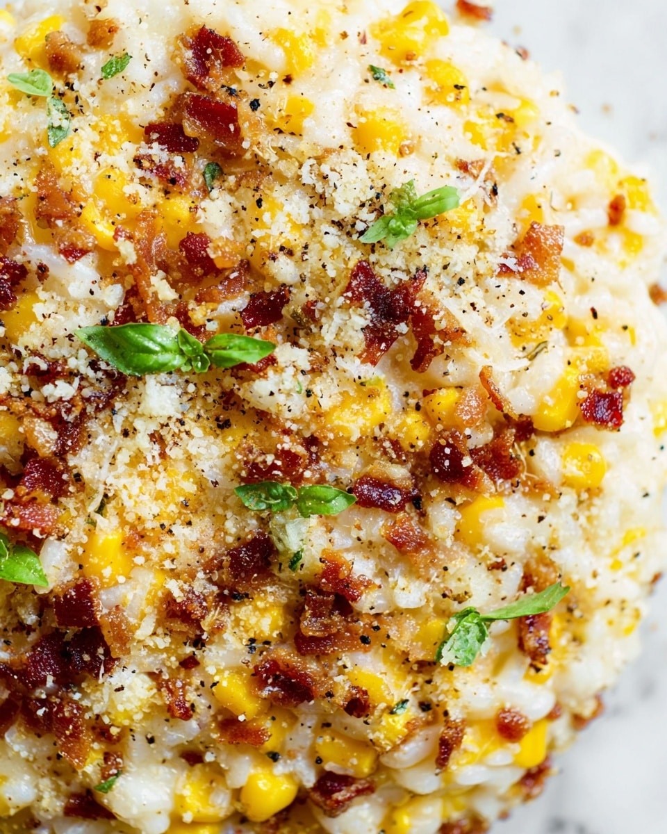 A close-up view of a creamy risotto dish with visible layers of soft, white rice mixed with bright yellow corn kernels and small, crispy brown bacon bits scattered throughout. The top layer is sprinkled with white grated cheese and tiny black pepper flakes, adding texture and contrast. Small green basil leaves are delicately placed on the surface, offering a fresh pop of color. The dish sits on a white marbled surface, enhancing the vibrant colors of the ingredients. photo taken with an iphone --ar 4:5 --v 7
