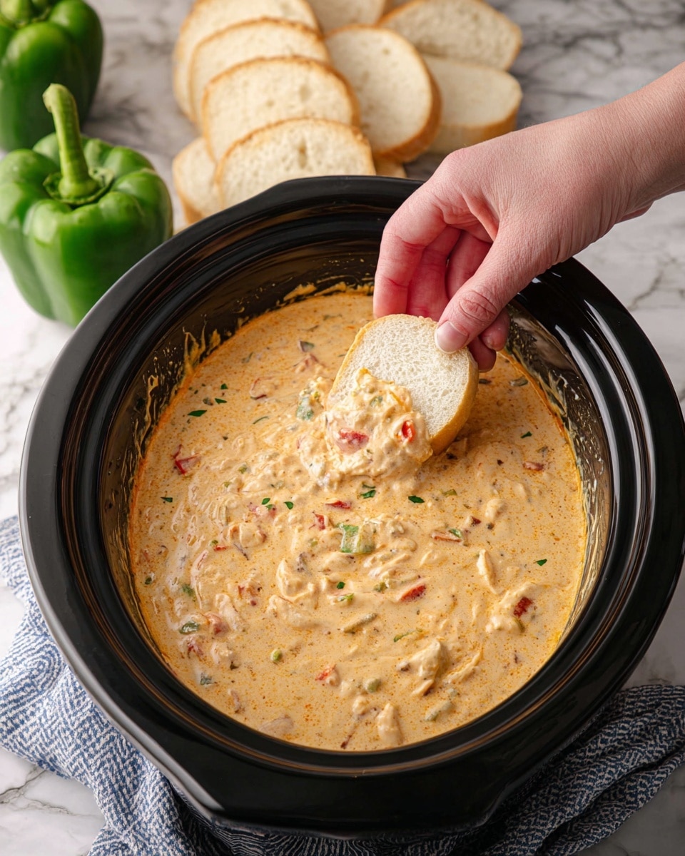 A black slow cooker filled with thick, creamy cheese dip mixed with small pieces of red and green peppers and herbs is placed on a white marbled surface. A woman's hand holds a small piece of white baguette bread dipped with a generous scoop of the cheesy dip, showing the texture and colors clearly. In the background, several slices of white baguette bread and two green bell peppers rest on the same white marbled surface. A blue and white cloth is slightly visible under the slow cooker. Photo taken with an iphone --ar 4:5 --v 7