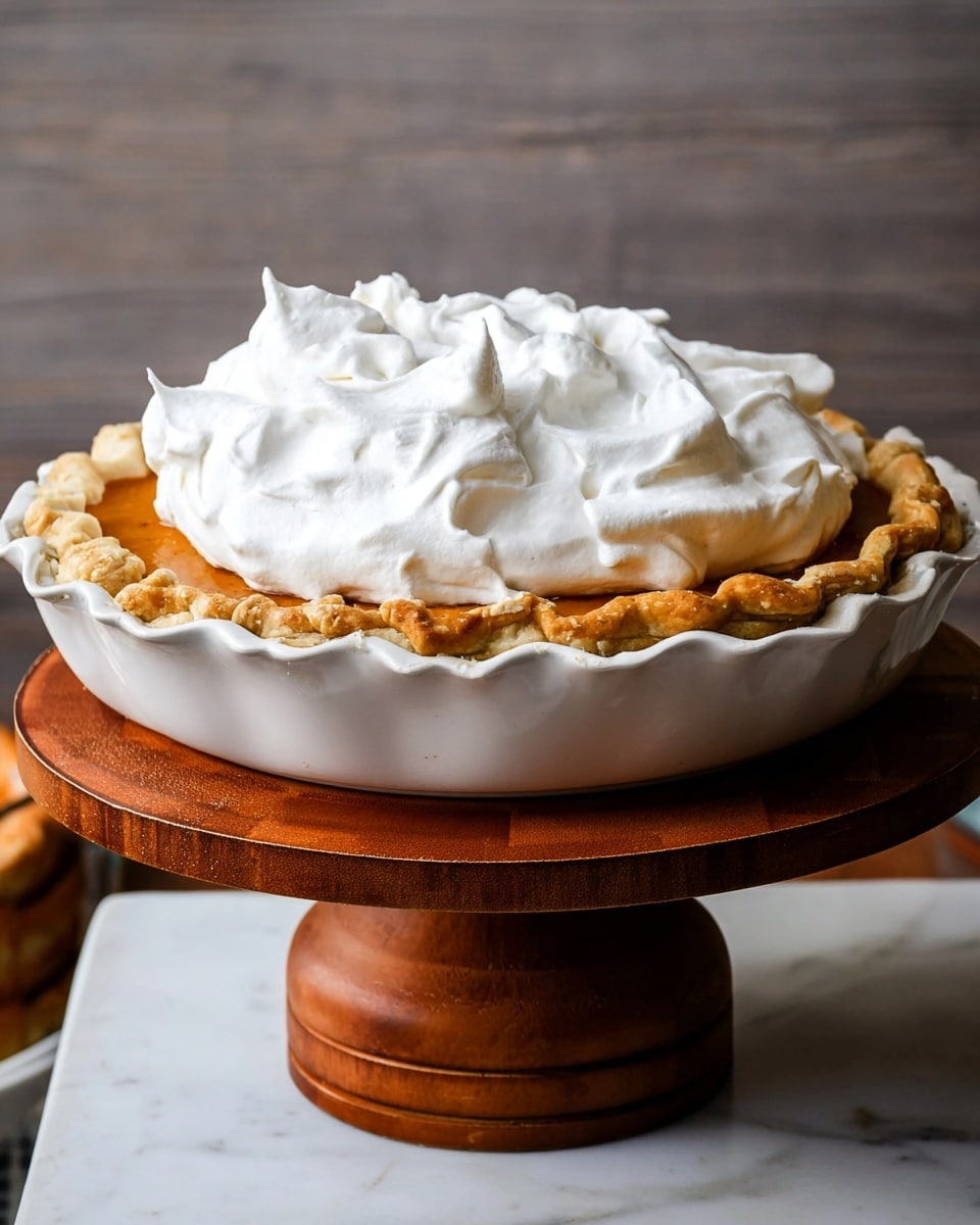 A fresh pie with three visible layers sits on a white ceramic dish with ruffled edges. The bottom layer is a golden-brown crust that looks crisp and flaky, forming a sturdy base and sides that rise slightly above the pie filling. The middle layer is an orange filling, smooth and dense, peeking just above the crust. The top layer is a thick, white whipped cream spread evenly with soft swirls and peaks, covering the entire filling. The pie dish is placed on a wooden cake stand with a round top and thick pedestal, all set on a white marbled surface. Photo taken with an iphone --ar 4:5 --v 7