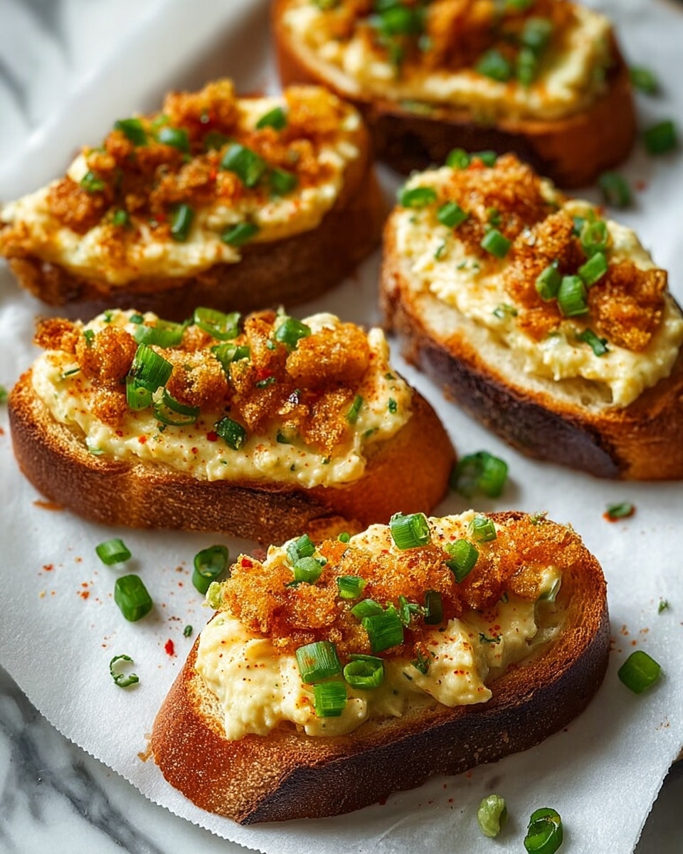 Five small toasted bread slices with a golden-brown crust are shown on white parchment paper on a white marbled surface. Each slice is topped with a thick, creamy pale yellow spread that appears smooth with some visible herbs. On top of the spread, there are crunchy, golden-brown fried bits adding texture. The final layer includes bright green chopped scallions scattered on the spread and fried bits, adding fresh color. Some sprinkled red seasoning is lightly dusted on top of the spread, enhancing the flavor visually. photo taken with an iphone --ar 4:5 --v 7