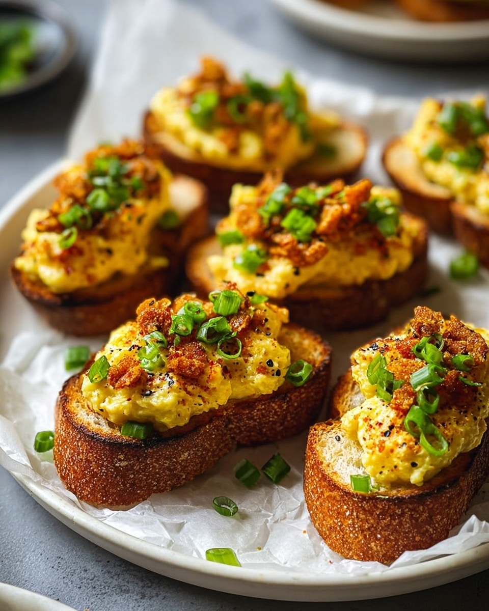 There are six pieces of toasted bread on a white round plate with parchment paper. Each piece has three layers: the first is the brown toasted bread slice; the second is a thick, creamy yellow spread with some black pepper specks; the third layer is crispy golden-brown bits sprinkled on top and bright green chopped scallions scattered over all the bread pieces and the plate. The setting has a close-up view with a few blurred elements in the background. photo taken with an iphone --ar 4:5 --v 7