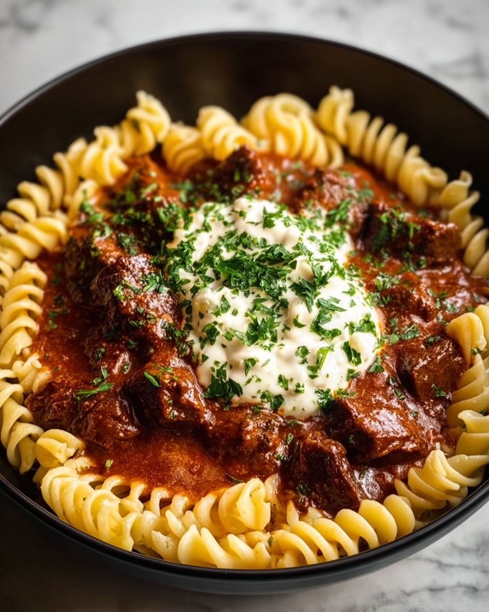 A black bowl holds a dish with three main layers; the outer layer is spiral pasta in a pale yellow color, forming a ring around the inside edge. Inside this ring is a thick, rich brown sauce with visible chunks of beef that have a glossy texture. In the center of the dish, there is a dollop of creamy white sauce sprinkled generously with chopped green herbs. The food is placed on a white marbled surface. Photo taken with an iphone --ar 4:5 --v 7