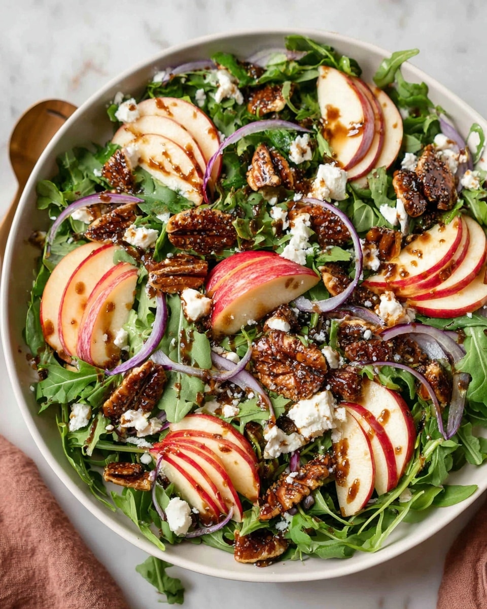 The dish is a fresh salad in a white bowl on a white marbled surface. The first bottom layer is fresh, green arugula leaves with a raw texture. On top are thin apple slices with red skin and white inside, arranged evenly around the salad. Light purple thin onion strips are spread out over the salad. Dark brown, textured candied pecans and dried fig pieces with seeds and a rough texture are scattered over. Small white crumbly cheese bits are sprinkled across the salad. A dark brown drizzle of dressing lightly coats the top. Photo taken with an iphone --ar 4:5 --v 7