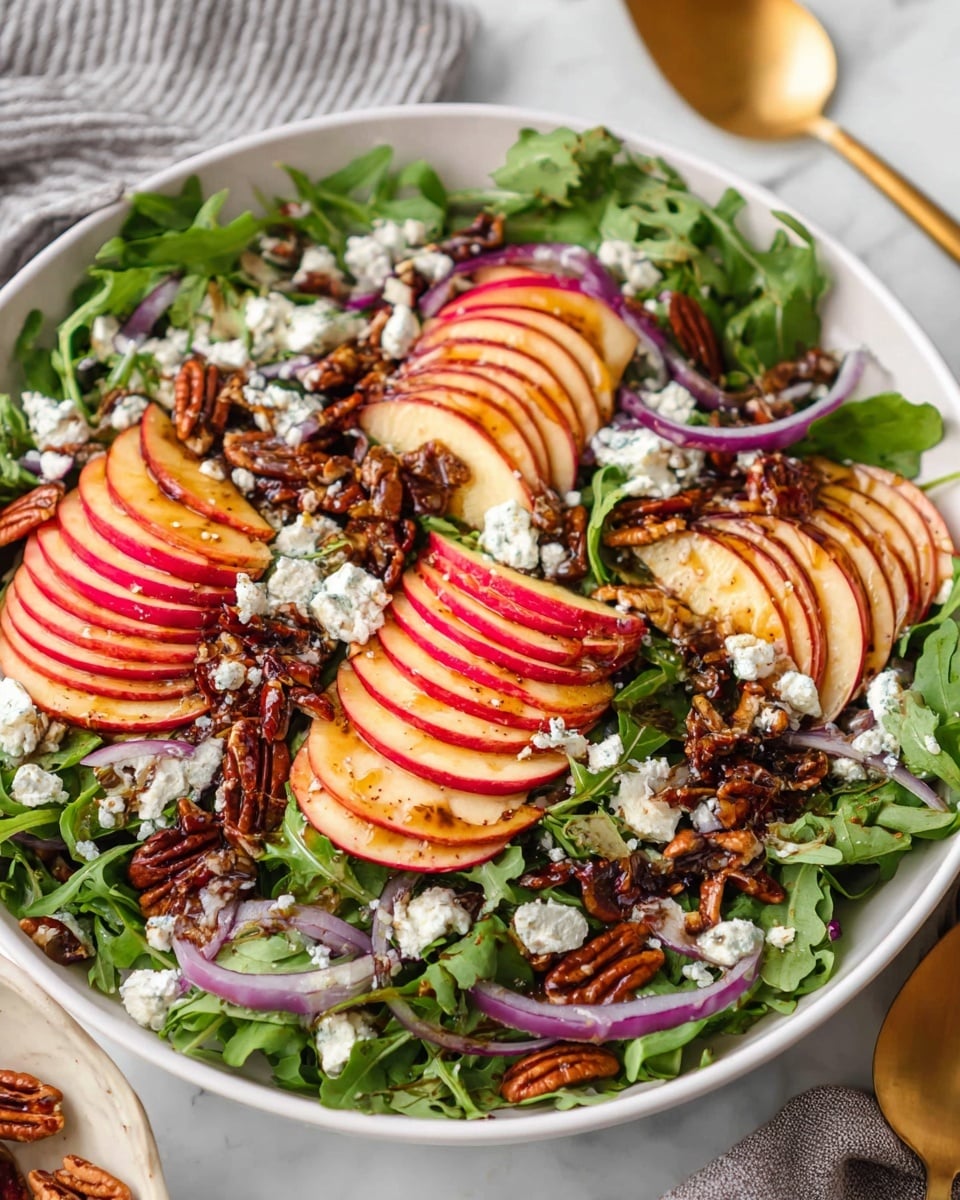A white bowl filled with a fresh salad showing three main layers: the base layer is bright green leafy arugula, topped with thin slices of red and yellow apple arranged in small overlapping stacks, and scattered around are dark brown pecans and crumbled white feta cheese. Thin strips of light purple onion are interspersed. A brown balsamic dressing lightly coats parts of the salad, giving a shiny texture to some ingredients. The bowl is placed on a white marbled surface with a glimpse of a golden salad spoon nearby. photo taken with an iphone --ar 4:5 --v 7