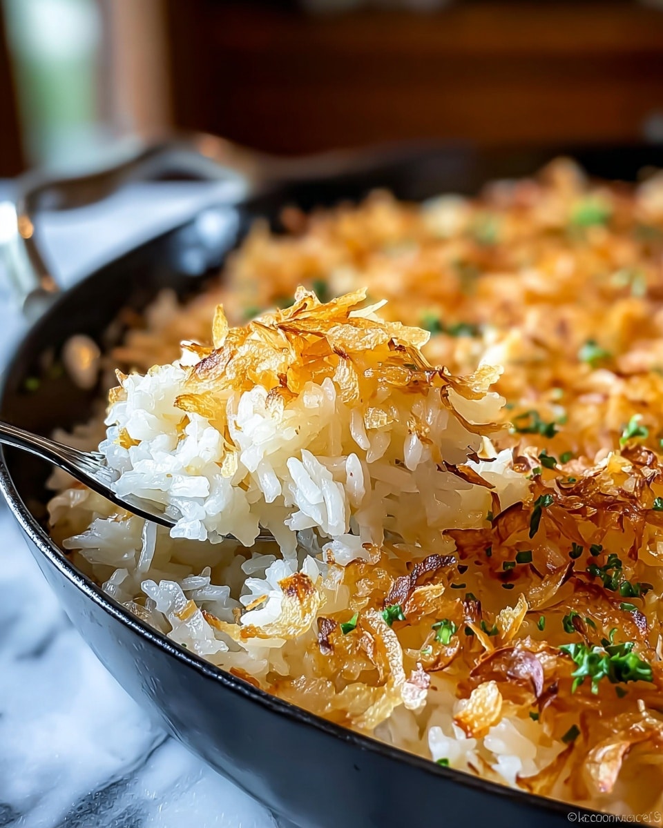 The image shows a close-up of a dish with two clear layers in a black pan. The bottom layer is white rice, soft and fluffy, while the top layer is a golden-brown crust made of thin, crispy pieces that look slightly caramelized. Small green herb bits are sprinkled on top, adding a touch of color. A metal fork is lifting some rice from the side, showing the contrast between the soft rice and the crispy top. The background is blurred with a white marbled texture beneath the pan. photo taken with an iphone --ar 4:5 --v 7