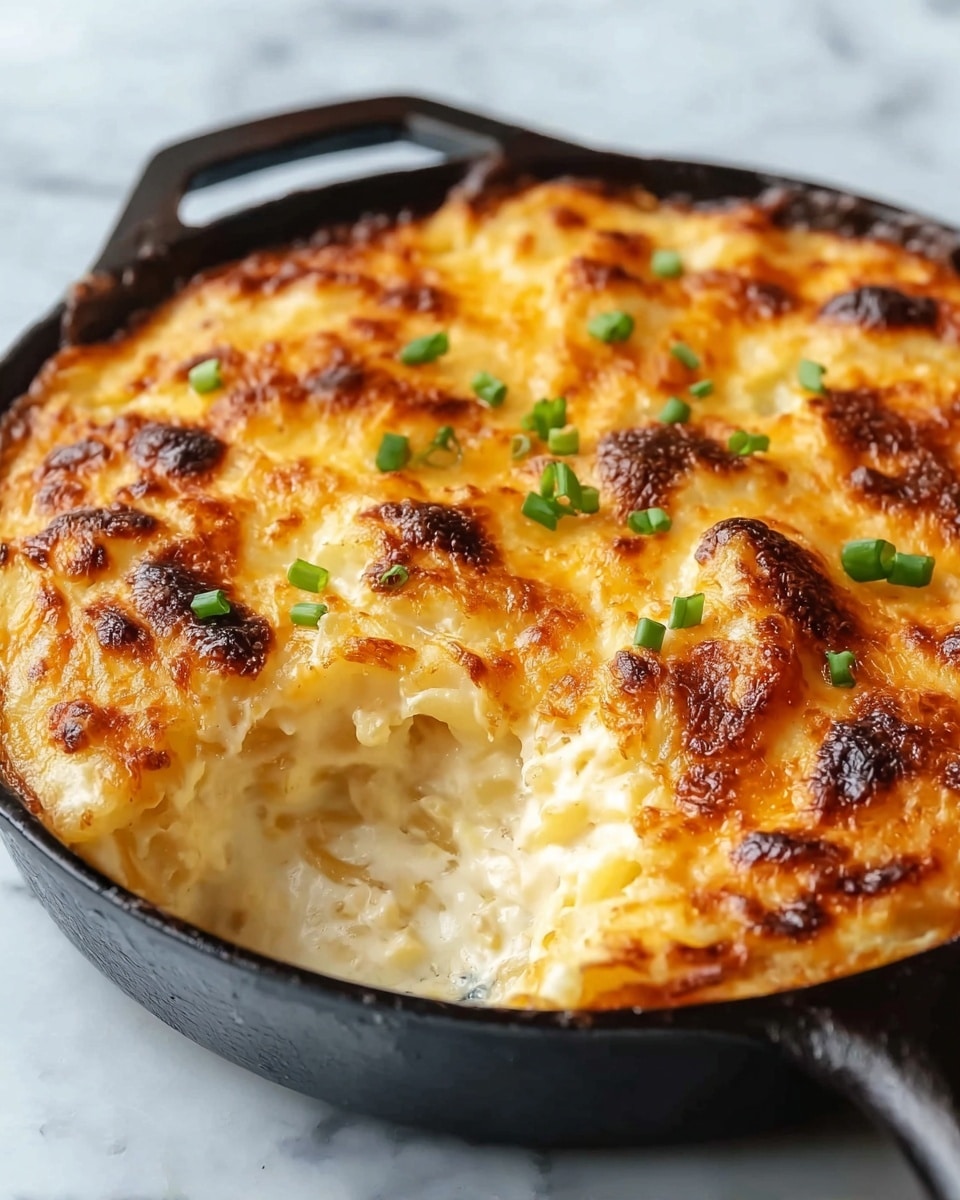A black cast iron skillet filled with a baked dish showing a golden-brown bubbly cheese crust on top. The top layer is uneven and puffed, with darker brown spots and a few green cut chives scattered for garnish. A scoop has been taken out, revealing a creamy and thick inside layer with visible chunks of what looks like potatoes or pasta in a white sauce. The skillet is placed on a white marbled surface. photo taken with an iphone --ar 4:5 --v 7