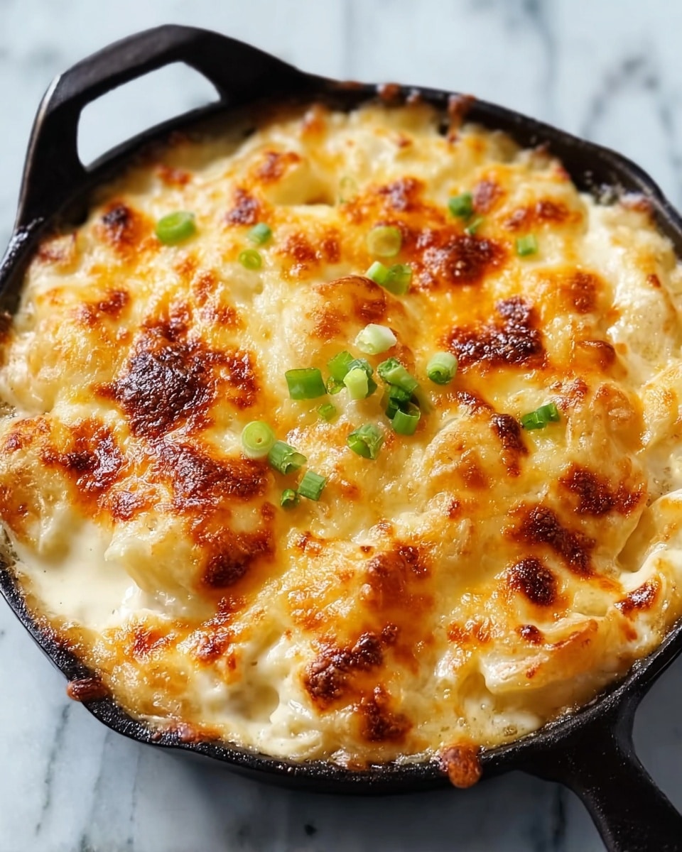 The dish is a baked casserole served in a small black cast iron skillet with a handle. The top layer is golden brown melted cheese that is bubbly and slightly crispy around the edges. Underneath the cheese is a creamy, smooth white sauce mixed with small pieces of what appears to be pasta or potatoes. There are small bits of green garnish, likely chopped green onions, scattered on top center of the cheese layer. The skillet sits on a white marbled surface. photo taken with an iphone --ar 4:5 --v 7