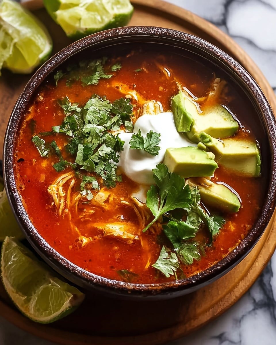A rustic dark brown bowl filled with bright red tomato-based soup with shredded chicken mixed throughout the broth, topped with a dollop of white sour cream, fresh green cilantro leaves, and several chunky slices of creamy green avocado; the bowl rests on a light wooden coaster against a white marbled background with lime wedges around it. Photo taken with an iphone --ar 4:5 --v 7