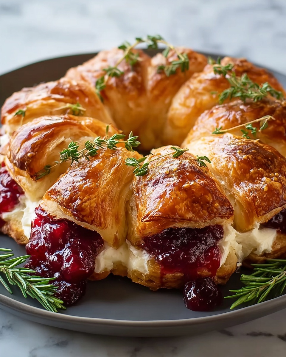 A golden brown pastry ring with a shiny, flaky top layer curled in sections around a thick, creamy white filling and bright, glossy deep red berry jam. The jam and cream peek out from between each pastry segment. Sprigs of fresh green thyme and rosemary are placed around and on top of the ring for decoration. The pastry is served on a white plate with a smooth, matte finish, set on a white marbled textured surface. photo taken with an iphone --ar 4:5 --v 7