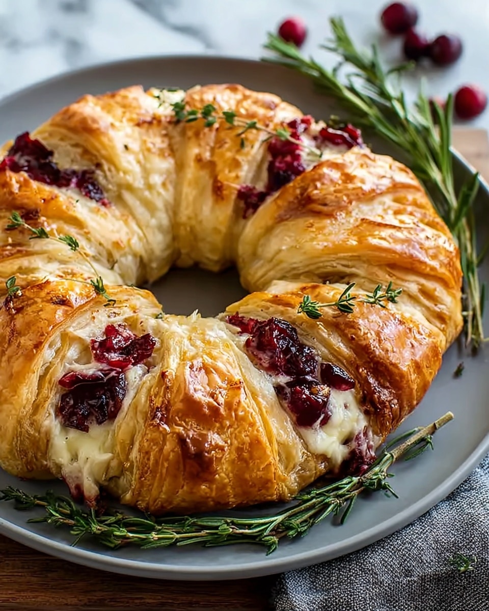 A round pastry wreath made of golden brown flaky puff pastry arranged in a ring shape with visible layers of crisp, shiny crust. Between the layers, there is a creamy white cheese filling mixed with bright red cranberry pieces bursting out. The wreath is garnished with small green fresh thyme sprigs on top and placed on a white plate with a sprig of fresh rosemary beside it. The background shows a white marbled surface with a rustic wooden texture partially visible. Photo taken with an iphone --ar 4:5 --v 7
