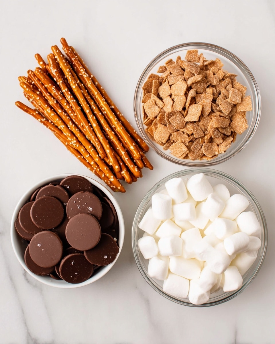 The image shows four sets of ingredients neatly arranged on a white marbled surface: on the far left, there is a small stack of thin, crunchy pretzel sticks with a golden brown color and sprinkled salt; next to it is a small white bowl filled with crushed light brown crackers that have a rough texture; to the right, there is a clear glass bowl filled with smooth, round dark brown chocolate discs stacked closely together; in front of that, a smaller white bowl holds many soft, white mini marshmallows with a fluffy texture. photo taken with an iphone --ar 4:5 --v 7