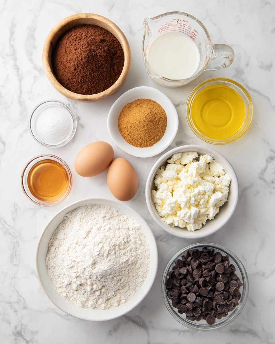The image shows a collection of baking ingredients arranged on a white marbled surface. At the center bottom is a white bowl filled with white flour. Just above this are two brown eggs placed side by side. To the right of the eggs, there is a clear glass cup filled with yellow oil and above it, a glass measuring cup with white milk. To the left of the eggs is a small white bowl containing light brown cocoa powder, and above that, a wooden bowl filled with dark brown brown sugar. In the middle near the top, there's a white bowl with white cottage cheese or ricotta, next to it on the right is a white bowl full of dark brown chocolate chips. At the top left, a small white ramekin holds amber-colored honey. At the bottom left, there are three small clear glass bowls with white baking powder, baking soda, and salt. The ingredients are neatly placed, with clear visibility of different colors and textures, all on a white marbled background. photo taken with an iphone --ar 4:5 --v 7