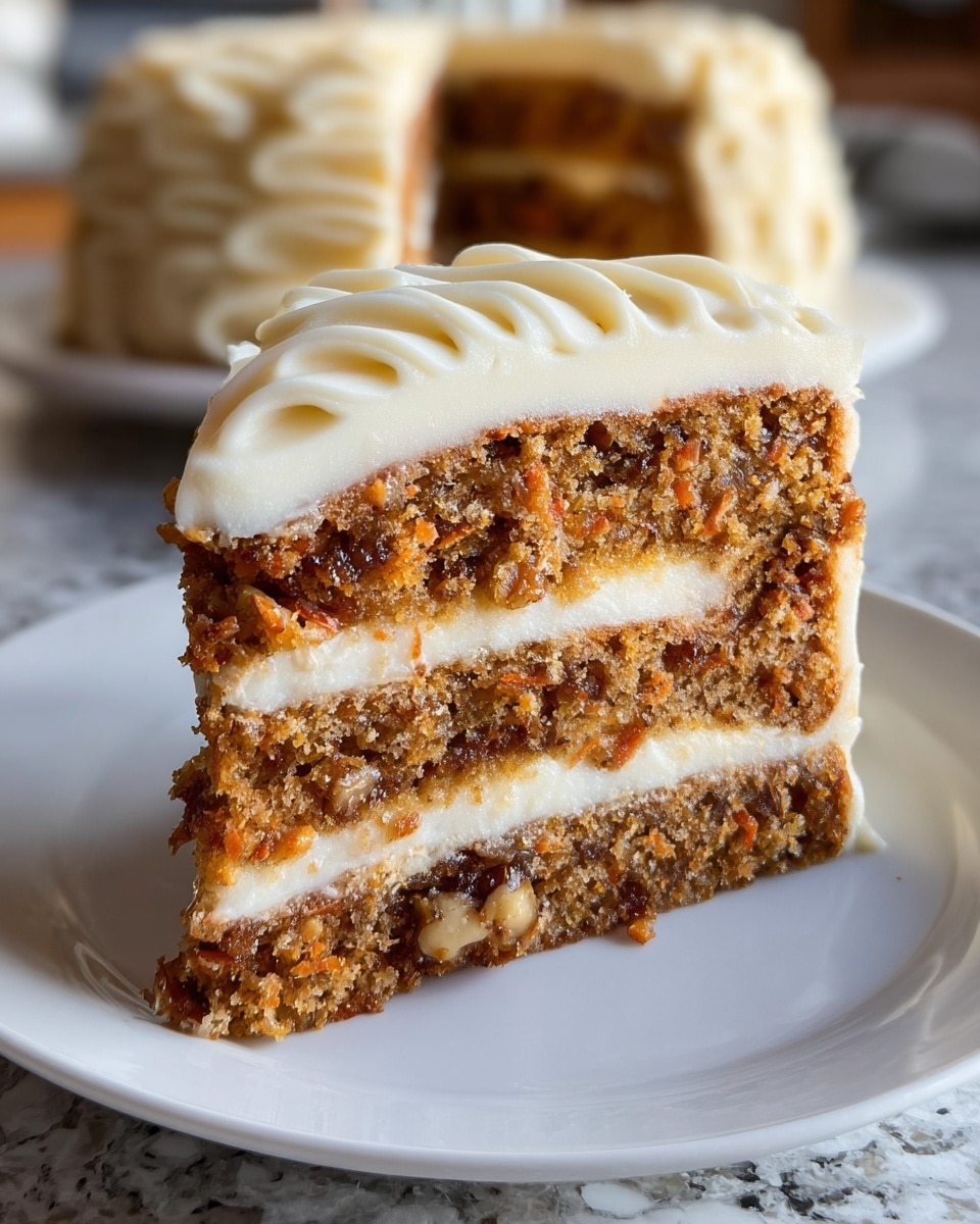 A close-up view of a slice of layered carrot cake on a white plate with a white marbled texture surface underneath. The slice shows three layers of moist, golden-brown cake with visible chunks of carrot and nuts. Between the cake layers are two thick, creamy white frosting layers that look smooth and rich. The top of the slice is covered with a thick layer of the same creamy white frosting, decorated with soft, wavy ridges. The background is softly blurred, showing more cake in the distance. Photo taken with an iphone --ar 4:5 --v 7