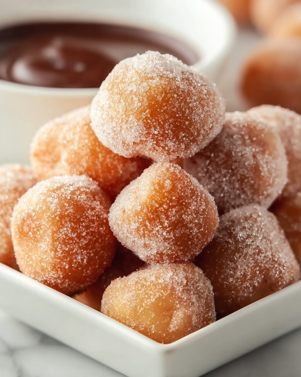 The image shows a close-up view of a white square dish filled with small, golden-brown doughnut holes covered completely with a layer of white granulated sugar. The doughnut holes are piled high, creating a mound with a soft, slightly rough texture from the sugar coating. In the blurred background, there is a small white bowl containing a dark chocolate dipping sauce. All the items rest on a white marbled surface. photo taken with an iphone --ar 4:5 --v 7