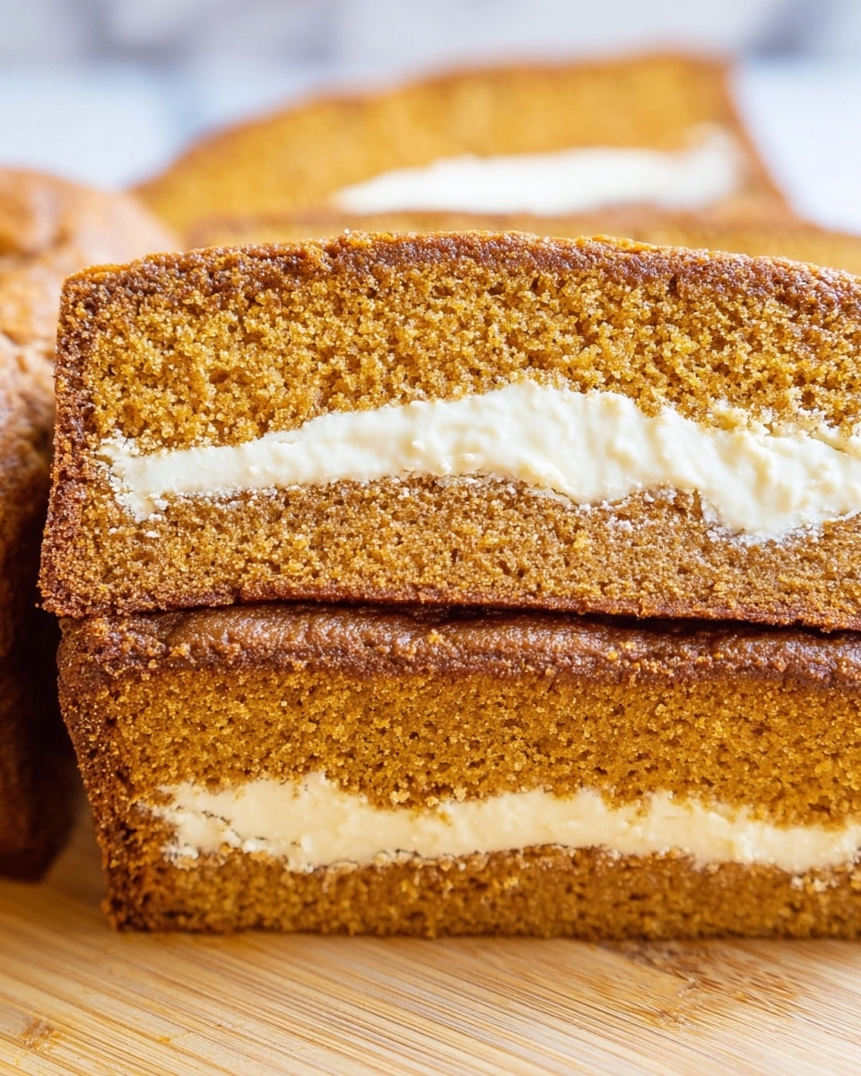 The image shows a close-up view of a sliced loaf cake with three visible layers. The top and bottom layers are thick and spongy with a warm golden-brown color and a slightly rough texture. In between these layers is a smooth, creamy white filling that is evenly spread. The cake sits on a light wooden surface with a white marbled background visible in the blurred area. The focus is sharp on the layers, showing the texture details of the cake and the creamy filling inside. Photo taken with an iphone --ar 4:5 --v 7