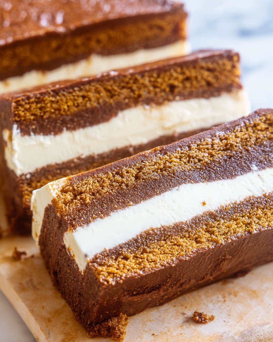 The image shows a close-up of a cut cake with two thick brown layers surrounding a middle white layer. The brown layers have a slightly rough texture and a golden-brown color, while the middle layer is smooth and creamy white. The cake is sliced into rectangular pieces, with one slice slightly pulled out in the front, showing the clear separation of the three layers. The background is a white marbled texture. Photo taken with an iphone --ar 4:5 --v 7
