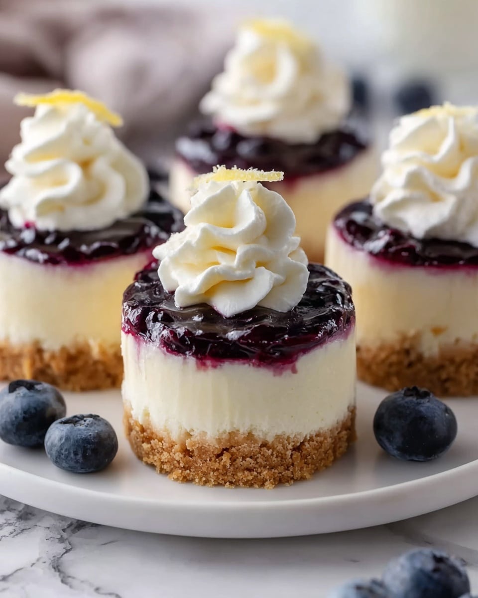 The image shows four small cheesecakes placed on a white plate on a white marbled surface. Each cheesecake has three layers: the bottom layer is a crumbly golden-brown crust, the middle layer is creamy white cheesecake, and the top layer is a glossy dark purple blueberry topping. On top of each cheesecake, there is a swirl of smooth white whipped cream. Blueberries are scattered around the plate, adding extra color to the scene. The focus is on the front cheesecake, with the others softly blurred in the background. Photo taken with an iphone --ar 4:5 --v 7