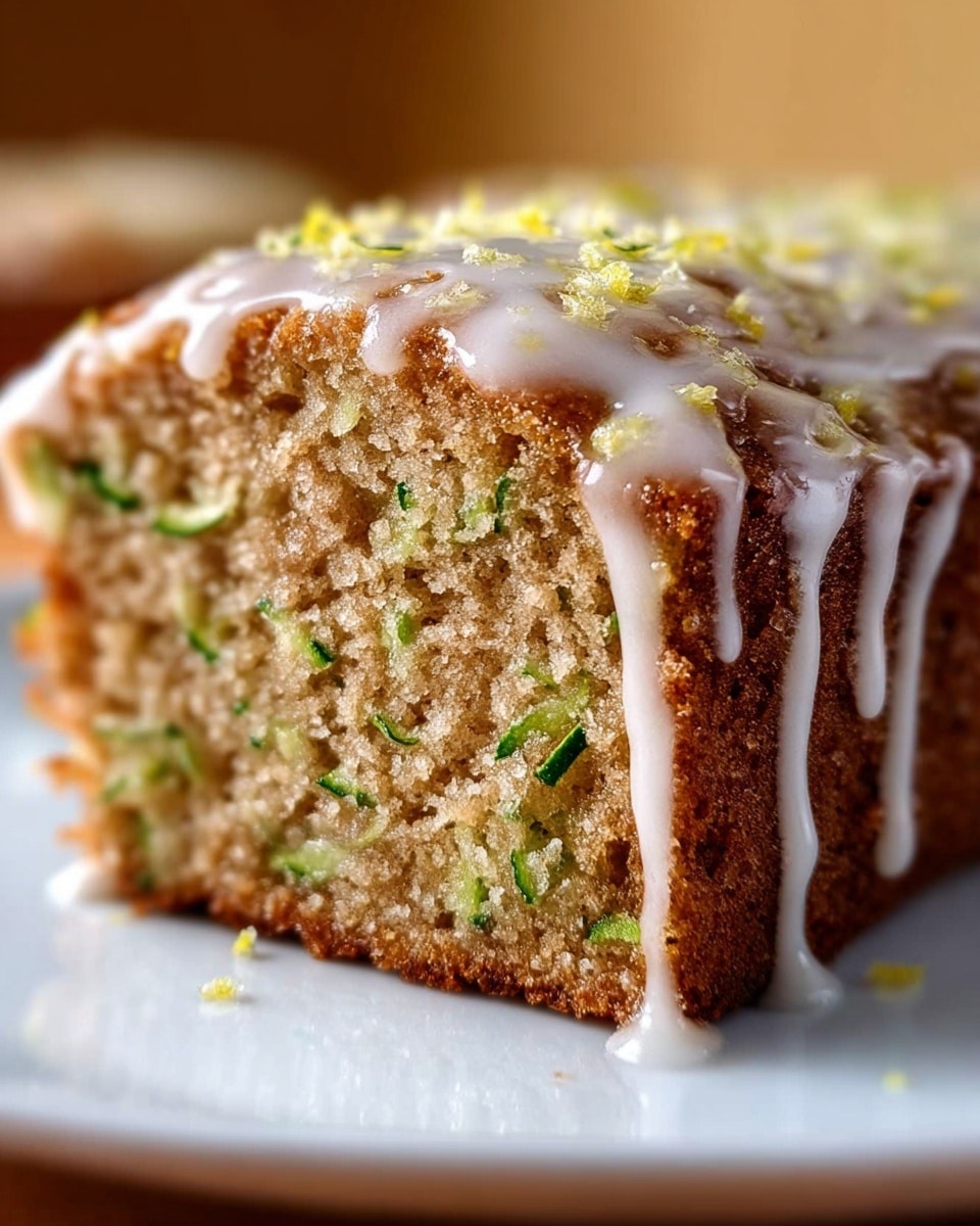 A close-up of a single thick slice of moist zucchini cake sitting on a white plate, showing one layer of dense, light brown cake flecked with small green zucchini pieces throughout. The top is covered with a shiny, slightly thick white glaze that drips down the side of the cake in smooth streams. Small bits of lemon zest are sprinkled over the glaze, adding tiny yellow contrasts. The background is softly blurred with warm tones visible. photo taken with an iphone --ar 4:5 --v 7