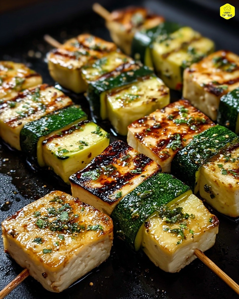 The image shows skewers of grilled zucchini and tofu cubes placed closely together on a dark grill pan. Each skewer consists of alternating layers: the bottom layer is a thick, slightly browned cube of tofu with grill marks, a light golden color with a moist texture, topped with a square slice of grilled zucchini that has a bright green skin and a soft, pale yellow inside with charred spots and sprinkled green herbs on top. The overall look is juicy and well-seasoned with visible oil droplets and pepper sprinkled across the pieces. photo taken with an iphone --ar 4:5 --v 7