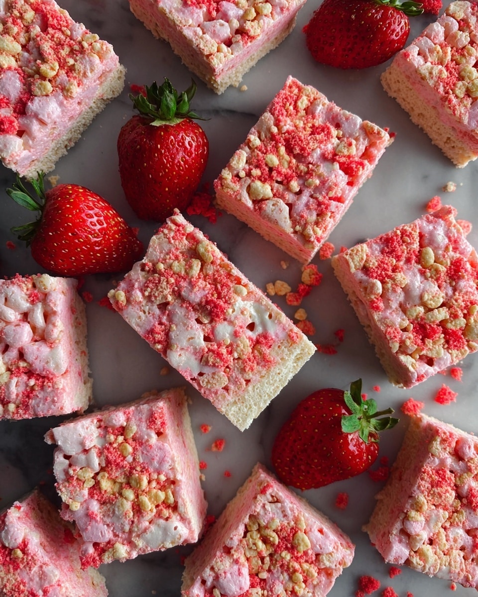 This image shows many square bars of pink and white rice crispy treats with a crumbly topping of red and light yellow crunchy bits. The bars are arranged in a scattered way on a white marbled surface. There are several fresh red strawberries with green tops placed among the bars, adding a fresh look. Each bar has one thick layer of light pink and white rice crispy mix with rough texture on top from the crumbs and crunchy pieces. photo taken with an iphone --ar 4:5 --v 7