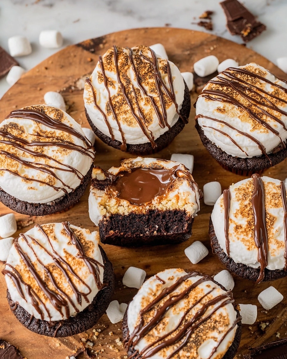 The image shows six chocolate cupcakes on a round wooden board with a few small white marshmallows scattered around. Each cupcake has two main layers with a chocolate cake base and a golden crumb layer underneath. On top, there is a thick white whipped marshmallow frosting with a toasted look and chocolate drizzle in thin lines. One cupcake in the middle is cut in half, revealing a shiny, smooth chocolate center inside. Around the cupcakes, there are a few broken pieces of chocolate and crumbs on the board. The photo is taken on a white marbled surface. Photo taken with an iphone --ar 4:5 --v 7