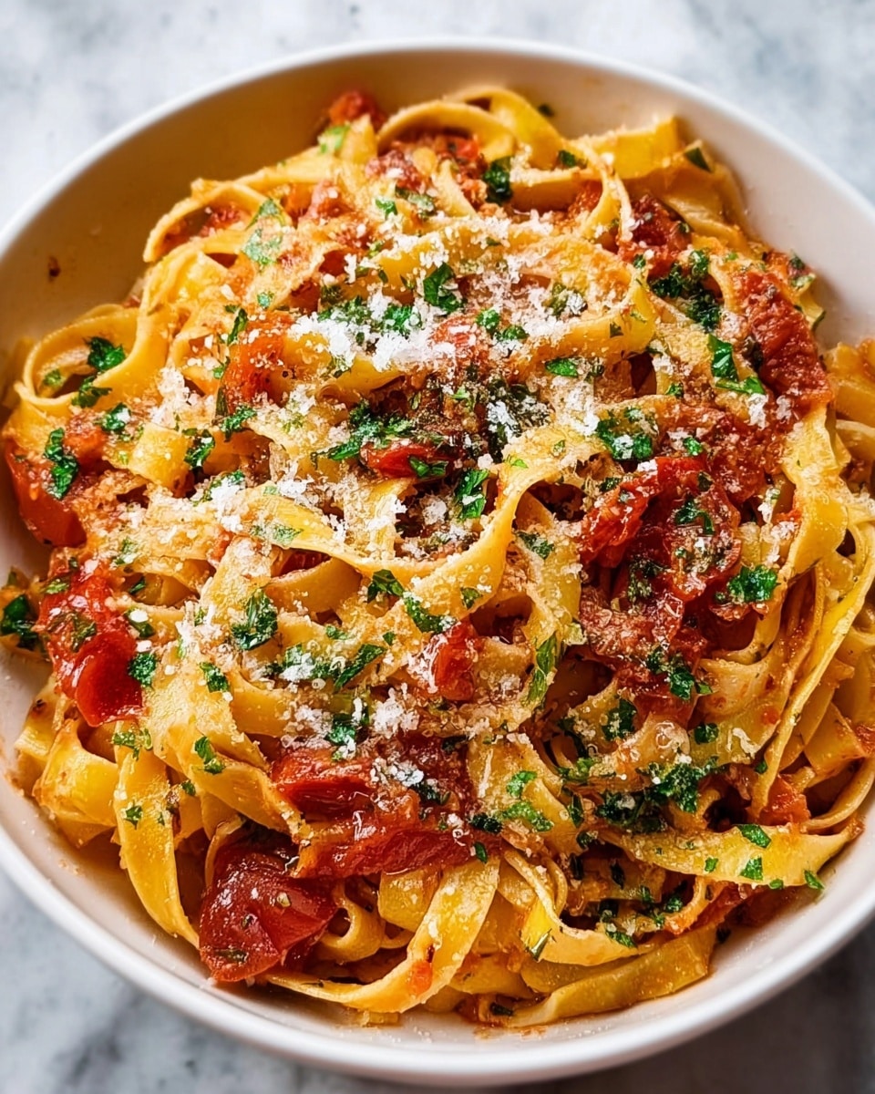 This image shows a bowl of tagliatelle pasta covered with a rich tomato sauce. The pasta strands are long, yellow, and slightly curled, mixed with pieces of red tomato chunks. The sauce looks thick and coats the pasta well, with small bits of green herbs scattered evenly on top. There is a generous sprinkle of grated cheese over the whole dish, adding a grainy white texture. The bowl is white, placed on a white marbled surface. Photo taken with an iphone --ar 4:5 --v 7