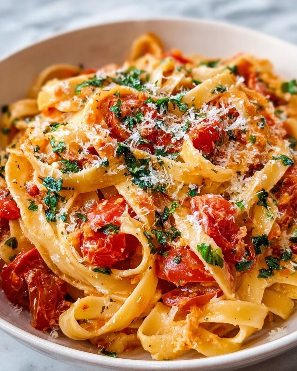A close-up view of a bowl filled with fettuccine pasta coated evenly in a light orange creamy sauce, mixed with chunks of bright red cherry tomatoes placed throughout. The pasta strands are soft and curved, layered in thick clumps forming the bulk of the dish. Scattered on top are bits of chopped dark green herbs adding contrast, and a light dusting of finely grated white cheese is sprinkled generously over everything. The bowl itself is white, sitting on a white marbled surface. photo taken with an iphone --ar 4:5 --v 7