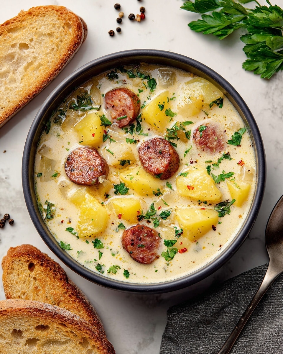 A dark bowl filled with creamy soup has three main layers: a thick white creamy broth base, large yellow potato chunks scattered throughout, and round slices of browned sausage placed evenly on top. The soup is garnished with small green chopped parsley leaves, sprinkled over the top layer. Around the bowl on a white marbled surface, there are two slices of toasted bread with a golden brown crust, a small gray cloth, some scattered black and white peppercorns, and fresh green parsley in the upper right corner. Photo taken with an iphone --ar 4:5 --v 7