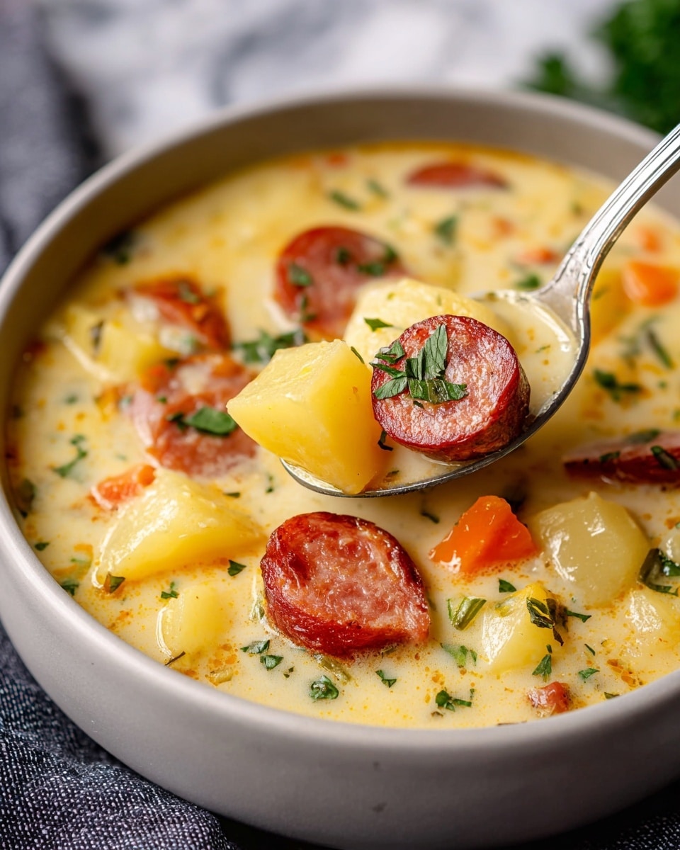 A close-up view of a creamy soup served in a white bowl, filled with chunks of yellow potatoes and round slices of reddish-brown sausage floating in the pale yellow broth. Small pieces of orange carrot and green herbs are scattered throughout the soup, adding specks of color. A silver spoon lifts a portion showing one sausage slice and two potato chunks, both garnished with fresh green herbs. The bowl is sitting on a textured gray cloth with a white marbled surface in the background. photo taken with an iphone --ar 4:5 --v 7